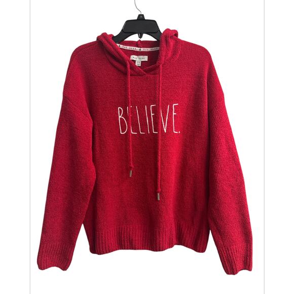 Rae Dunn ‘Believe’ Red Hooded  Pullover Sweater Sweatshirt Women’s Size XL - Picture 1 of 4